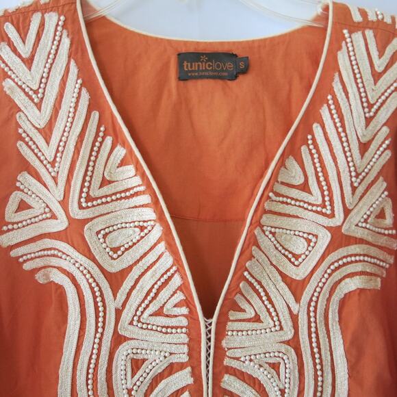 TUNICLOVE Beaded Tunic Top Size S Women Embroidered Cotton Boho Retro Orange - Picture 2 of 12